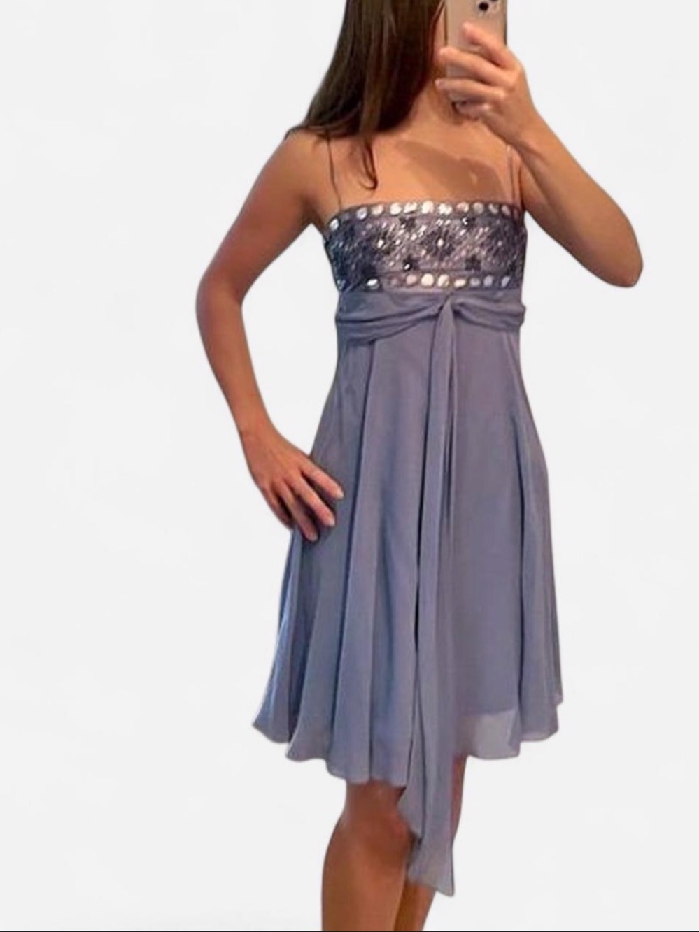BCBGMaxAzria Dusty Blue Embellished Strapless Evening Dress 100% silk